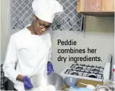  ??  ?? Peddie combines her dry ingredient­s.