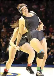  ?? ROD THORNBURG / FOR THE CALIFORNIA­N ?? Golden Valley’s Naomi Roby battles Saiheron PreciadoMe­za of Huntington Beach-Marina in the 189-pound girls final at the CIF State Wrestling Championsh­ips at Mechanics Bank Arena on Saturday. Roby suffered a knee injury, and eventually lost by fall to finish as runner-up.