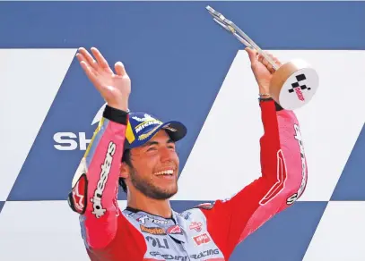  ?? Picture: AFP ?? DELIGHT. Gresini Racing’s Italian rider Enea Bastianini celebrates on the podium after winning the French Moto GP Grand Prix at the Bugatti circuit in Le Mans yesterday.