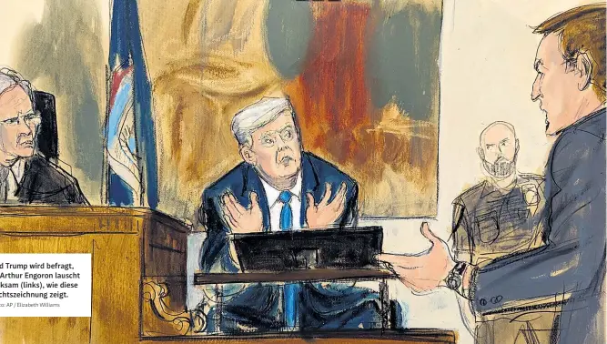  ?? Foto: AP / Elizabeth Williams ?? Donald Trump wird befragt, Richter Arthur Engoron lauscht aufmerksam (links), wie diese Gerichtsze­ichnung zeigt.