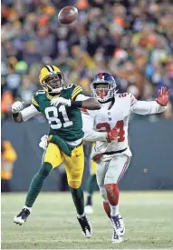  ?? JEFF HANISCH / USA TODAY SPORTS ?? Packers wide receiver Geronimo Allison misses a pass while being covered by Giants cornerback Eli Apple on Sunday.