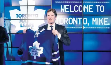  ?? DARREN CALABRESE/The Canadian Press ?? New Toronto Maple Leafs head coach Mike Babcock says of his choice to join the long-suffering club:
‘I never came here to make the playoffs. I came here for the Cup process.’