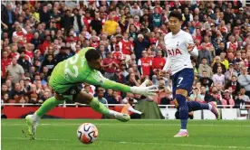  ?? ?? Son Heung-min scores Spurs’ second goal at Arsenal, evidence of their improved mentality, said James Maddison. Photograph: Matthew Childs/Action Images/Reuters