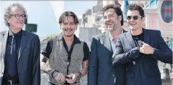  ?? WENN.COM ?? Geoffrey Rush, left, Johnny Depp, Javier Bardem and Orlando Bloom have been busy promoting the newest movie in the Pirates of the Caribbean franchise, which hits theatres Friday.