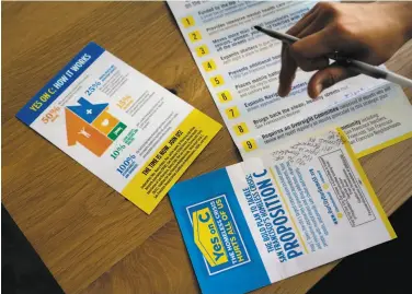  ?? Lea Suzuki / The Chronicle ?? Propositio­n C worker Fabian Ramirez works the phone bank at Salesforce Tower. The measure, one of the most closely watched items on the ballot, would tax the city’s top businesses to support homeless services.