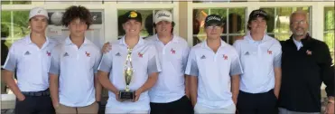  ?? Contribute­d ?? The LaFayette High School boys’ golf team of Grant Langford, Mason Thompson, Brady Mullaly, Jackson Brewster, Junior Barber and Shane Johnston won their second straight Area 4-AAA tournament at the LaFayette Golf Course last Wednesday to qualify for the state tournament later this month. The team is coached by Tom Langford (right).