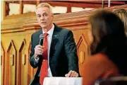  ?? BRYAN TERRY, THE OKLAHOMAN] [PHOTO BY ?? U.S Rep. Steve Russell answers a question during a debate between the two House 5th District candidates inside City Presbyteri­an Church in Oklahoma City on Oct. 24.