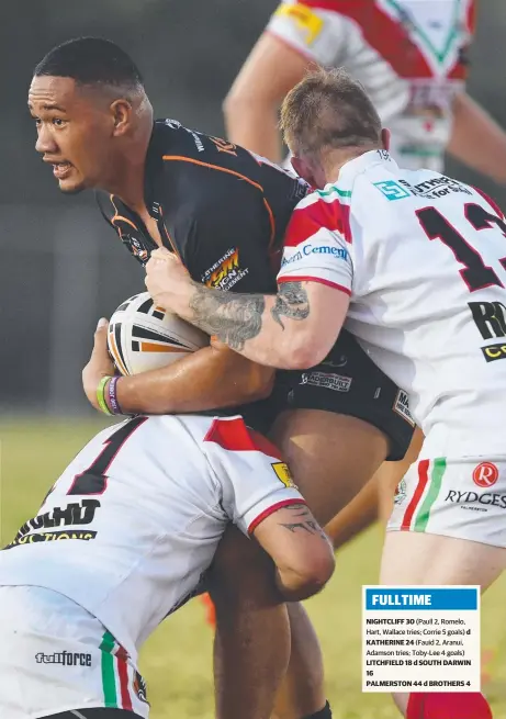  ?? Picture: HELEN ORR ?? Katherine player Tupu Tafunai is surrounded by Nightcliff defenders during yesterday’s NRLNT clash at Goodline Park