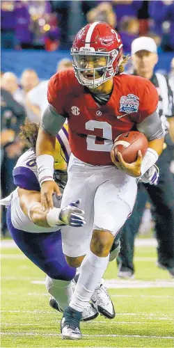  ?? BUTCH DILL/ASSOCIATED PRESS ?? Alabama freshman quarterbac­k Jalen Hurts had a season-low 107 yards of total offense against Washington, but it has not dampened his confidence.