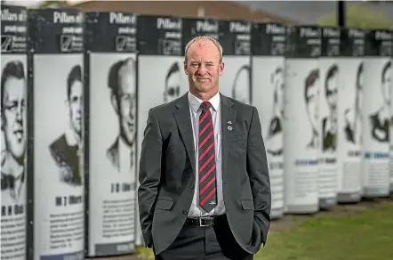  ?? JOHN KIRK-ANDERSON/STUFF ?? Tony Smail, the Canterbury Rugby Football Union’s new chief executive, near Rugby Park’s Pillars of Pride display, featuring former Canterbury rugby greats.