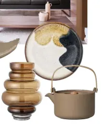  ??  ?? Brave Ground matt emulsion, £29.16/2.5L, Dulux. Unfold pendant lamp in Nude, £159, Heal’s. Shapes dinner plate, £22, Rose & Grey. Oiva teapot, £70, Nordic Nest. Bubble effect vase, £38, Amara