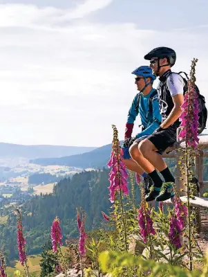  ?? FOTO: ULRIKE KLUMPP/BAIERSBRON­N TOURISTIK/TMN ?? Erst in die Pedale treten, dann die Aussicht genießen: Radtourist­en nahe der Walterhütt­e bei Obertal, an der neue Radwege gebaut wurden.