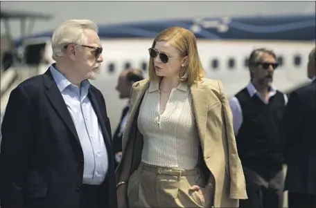  ?? Graeme Hunter HBO ?? MEDIA CZAR Logan Roy (Brian Cox) pauses with his daughter Shiv (Sarah Snook), on HBO’s savage comedy-drama series “Succession.”