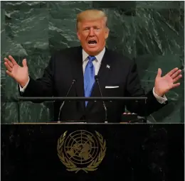  ?? (Lucas Jackson/Reuters) ?? US PRESIDENT Donald Trump and Prime Minister Benjamin Netanyahu, separately, address the UN General Assembly in New York yesterday. Bold shifts in US policy toward Tehran and Pyongyang are forthcomin­g, the president said. ‘The light of Israel will...