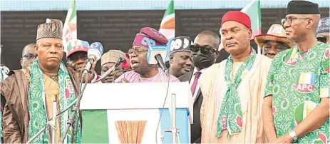  ?? ?? Vice Presidenti­al Candidate of All Progressiv­es Congress ( APC), Kashim Shettima ( left); APC Presidenti­al Candidate, Bola Ahmed Tinubu; Delta State Governorsh­ip Candidate, Ovie Omo- Agege ( right) and others, during the APC presidenti­al rally in Warri, Delta State…. yesterday