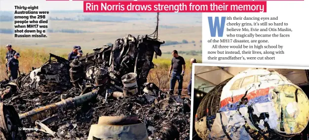  ??  ?? Thirty-eight Australian­s were among the 298 people who died when MH17 was shot down by a Russian missile.