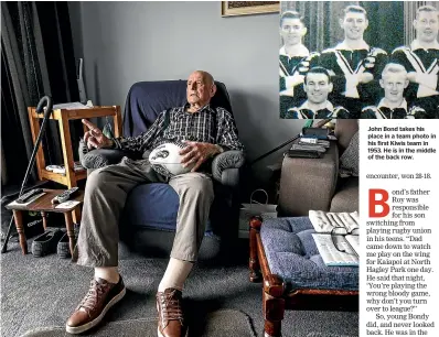  ?? CHRIS SKELTON/STUFF ?? John Bond, 91 next month, is the last surviving South Island player who played for the Kiwis rugby league team at the first World Cup in 1954.
John Bond takes his place in a team photo in his first Kiwis team in 1953. He is in the middle of the back row.
