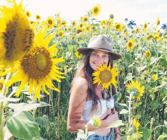  ?? Picture: RICHARD GOSLING ?? Bec Craven, who has undergone a heart transplant, now enjoys the simple things like smelling the sunflowers at Farm and Co. at Cudgen.