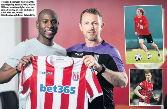 ??  ?? > Stoke boss Gary Rowett with new signing Benik Afobe, Harry Wilson, inset top right, who has joined Derby on loan and Aden Flint who has joined Middlesbro­ugh from Bristol City