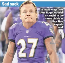  ??  ?? Sad sack In many ways, NFL boss Roger Goodell is caught in the same pickle as Ray Rice, experts
said.