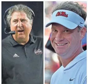  ?? USA TODAY NETWORK IMAGES ?? Mississipp­i State coach Mike Leach, left, and Ole Miss coach Lane Kiffin will meet on Thursday.
