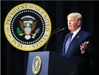  ??  ?? President Donald Trump speaks at the Conversati­ons with the Women of America event at the Eisenhower Executive Office Building on the White House complex in Washington Tuesday. (AP)