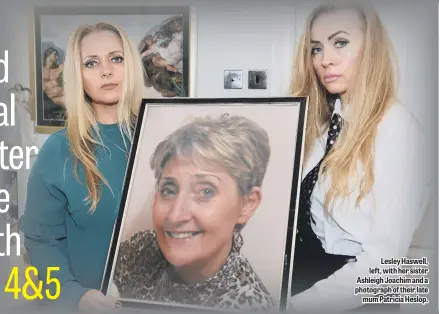  ??  ?? Lesley Haswell, left, with her sister Ashleigh Joachim and a photograph of their late mum Patricia Heslop.
