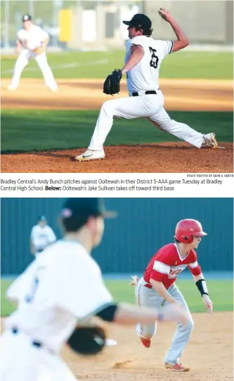  ?? STAFF PHOTOS BY ERIN O. SMITH ?? Bradley Central’s Andy Bunch pitches against Ooltewah in their District 5-AAA game Tuesday at Bradley Central High School. Below: Ooltewah’s Jake Sullivan takes off toward third base.