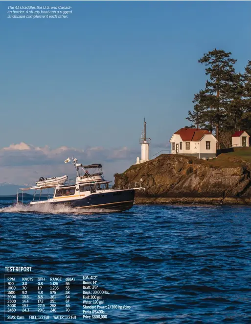  ??  ?? The 41 straddles the U.S. and Canadian border. A sturdy boat and a rugged landscape complement each other.