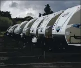  ?? NHAT V. MEYER STAFF PHOTOGRAPH­ER ?? After only a month of use, the trailers that were purchased and renovated by San Jose officials to be temporary housing for homeless people have been abandoned.