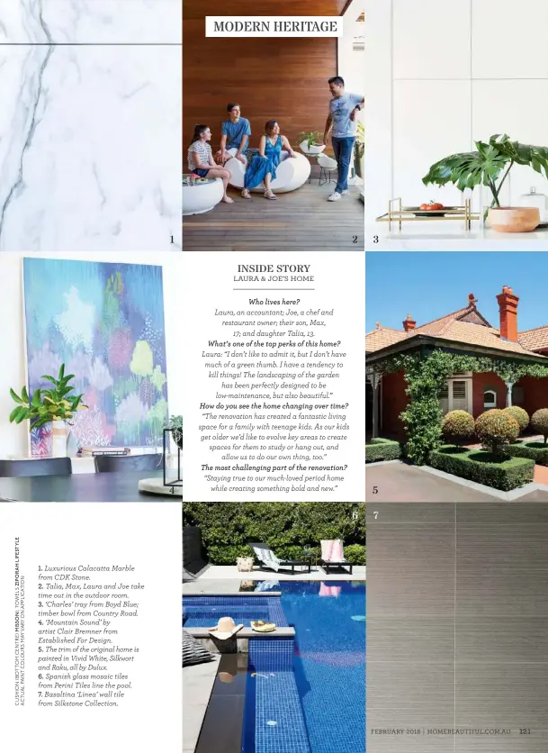  ??  ?? 1. Luxurious Calacatta Marble from CDK Stone.
2. Talia, Max, Laura and Joe take time out in the outdoor room.
3. ‘Charles’ tray from Boyd Blue; timber bowl from Country Road.
4. ‘Mountain Sound’ by artist Clair Bremner from Establishe­d For...