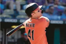  ?? RIEDEL/AP CHARLIE ?? The Orioles’ Tyler Nevin watches his three-run home run during the sixth inning Saturday, which gave Baltimore the lead in an eventual 6-4 victory over the Royals in Kansas City, Mo.