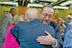  ?? ADAM COVINGTON/BAPTIST PRESS VIA AP ?? Jeff Iorg, right, hugs presidenti­al search team chair Neal Hughes on Thursday in Dallas, Texas, after Iorg was named the next president and CEO of the Southern Baptist Convention’s Executive Committee.