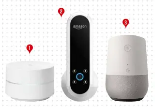  ??  ?? 1 Google Wifi (139 €), tan práctico como bonito para controlar Internet en casa. 2 Amazon Echo Look (199 $, aún no disponible en España), quién quiere un espejo si puede tener una “cámara estilista” que aconseje sobre moda. 3 Google Home (de 59 € a 149 €), hable con su casa.