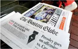  ??  ?? The front page of the Boston Globe newspaper referencin­g their editorial defence of press freedom. Reuters