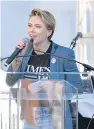  ?? Pictures: Getty. ?? Scarlett Johansson speaks in Los Angeles. Top: Protesters in London.