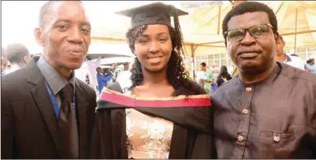  ??  ?? L-R: The Head, Economics Department, Babcock University, Ogun State, Dr. Oladapo Awolaja; Miss Lydia Efeni and her father, Executive Director, THISDAY Newspaper, Mr. Emmanuel Efeni, during Lydia’s graduation at the university… recently