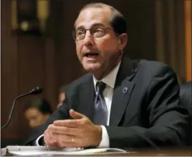  ?? JACQUELYN MARTIN - THE ASSOCIATED PRESS ?? In this June 26 photo, Health and Human Services Secretary Alex Azar speaks during a Senate Finance Committee hearing on Capitol Hill in Washington. Azar says the number of drug overdose deaths has begun to level off after years of relentless increases driven by the opioid epidemic. But Azar cautioned in a speech Tuesday it’s too early to declare victory. Still, the health chief says toward the end of last year and through the beginning of this year, the number of deaths “has begun to plateau.”