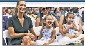  ?? UPI ?? FAMILY AFFAIR: Derek Jeter’s wife, Hannah, and two young daughters, Story and Bella, take in the ceremony.