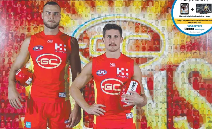  ?? Picture: GETTY IMAGES ?? Co-captains Jarrod Witts (left) and David Swallow at Metricon Stadium after their appointmen­t to the head of the Suns leadership group.