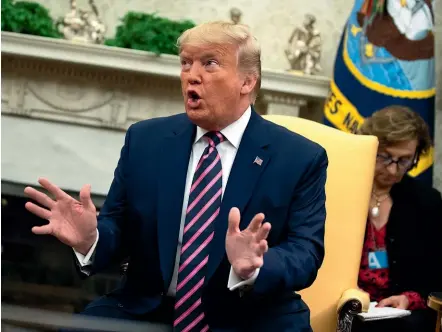  ?? AP ?? US President Donald Trump calls the vote to approve articles of impeachmen­t against him ‘‘an embarrassm­ent to this country’’, while speaking to reporters at the White House yesterday. Senate Majority Leader Mitch McConnell says there is ‘‘zero chance’’ Trump will be removed from office.