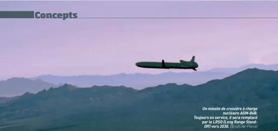  ??  ?? Un missile de croisière à charge nucléaire AGM-86B. Toujours en service, il sera remplacé par le LRSO (Long Range Standoff) vers 2030. (© US Air Force)