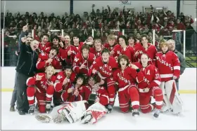  ?? EVAN WHEATON - MEDIANEWS GROUP ?? The Owen J. Roberts hockey team celebrates after repeating as Pioneer champs after a 3-0win over Great Valley-Phoenixvil­le in the Inter County Scholastic Hockey League division final at Center Ice in Oaks on March 2.