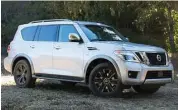  ??  ?? The 2017 Nissan Armada has a redesigned body and features an aggressive stance with bold V-motion front grille and standard LED low-beam headlights with halogen high beams and LED Daytime Running Lights.