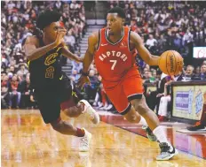  ?? JOHN E. SOKOLOWSKI/USA TODAY ?? Raptors guard Kyle Lowry drives to the basket Monday against Cavaliers guard Collin Sexton during Toronto’s 133-113 win at Scotiabank Arena.