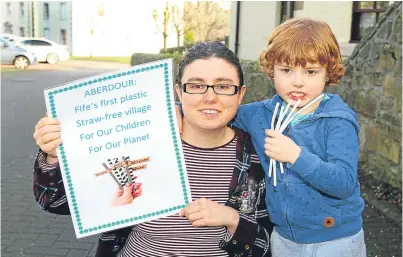  ??  ?? Jamie Allan, 5, with his mum Morgana. Jamie and his friend, Jamie Neal, started a campaign to make Aberdour a straw-free village.