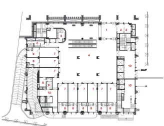  ??  ?? GROUND FLOOR PLAN1. SECURITY CHECK 2. POLICE CONTROL ROOM 3. FIRE CONTROL ROOM 4. WAITING LOUNGE 5. MALE TOILET6. FEMALE TOILET 7. REGISTRAR COURT 8. REGISTRAR ROOM 9. PANTRY10. LOBBY