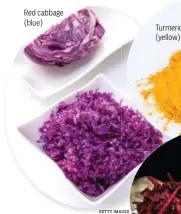  ??  ?? Red cabbage (blue) Turmeric (yellow)
