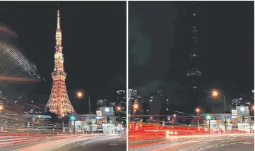  ??  ?? A combinatio­n photo shows the Tokyo Tower before (left) and after its lights were switched off. — Reuters photo