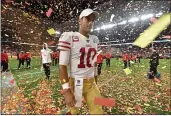  ?? JOSE CARLOS FAJARDO — BAY AREA NEWS GROUP FILE ?? San Francisco 49ers quarterbac­k Jimmy Garoppolo (10) walks off the field after being defeated by the Kansas City Chiefs in Super Bowl LIV at Hard Rock Stadium in Miami Gardens, Fla., on Feb. 2, 2020.